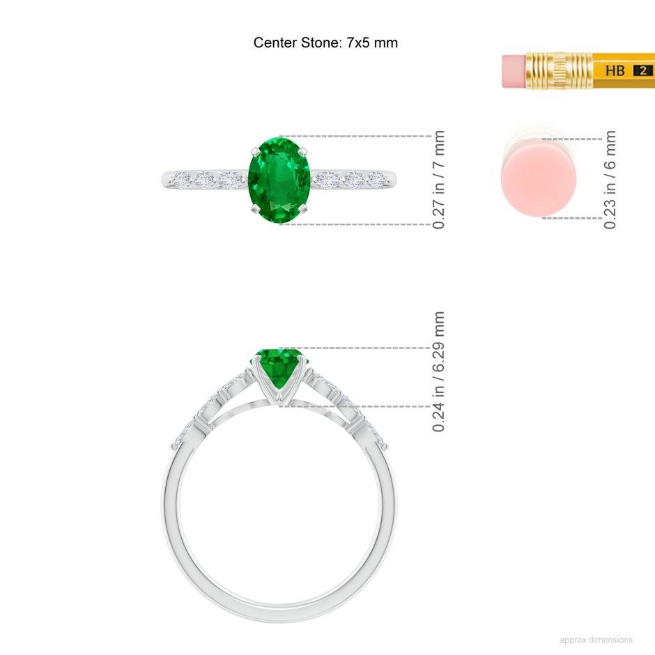 7x5mm AAAA Oval Emerald Engagement Ring with Marquise Diamonds in White Gold ruler
