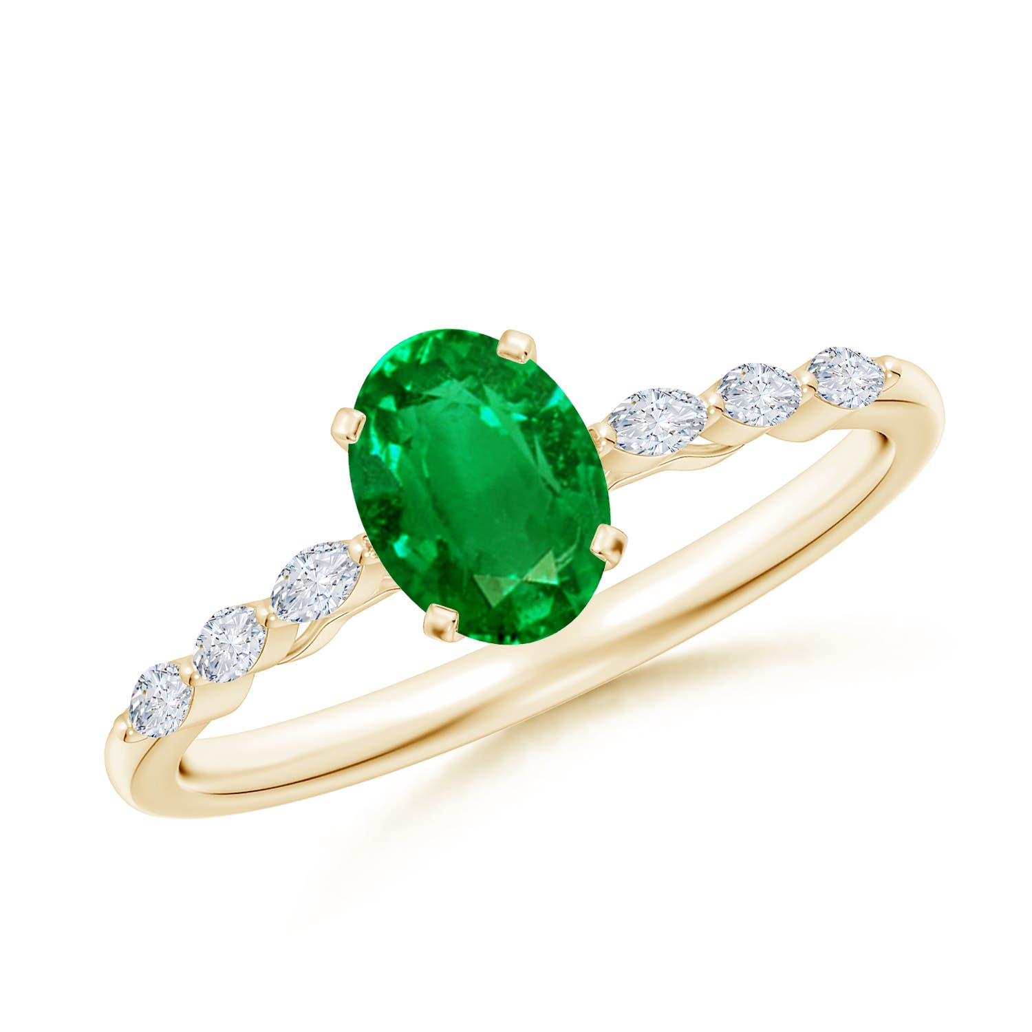 7x5mm AAAA Oval Emerald Engagement Ring with Marquise Diamonds in Yellow Gold