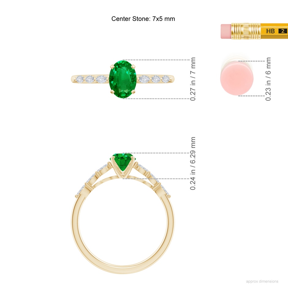 7x5mm AAAA Oval Emerald Engagement Ring with Marquise Diamonds in Yellow Gold ruler