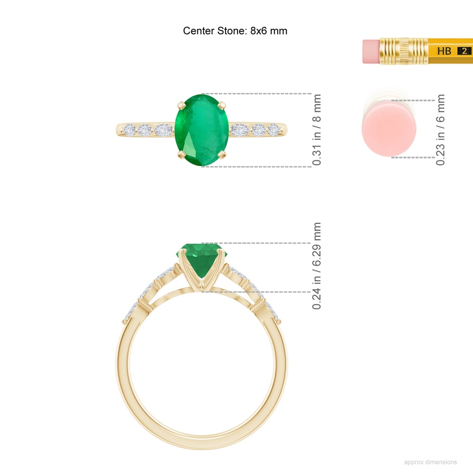 8x6mm A Oval Emerald Engagement Ring with Marquise Diamonds in Yellow Gold ruler