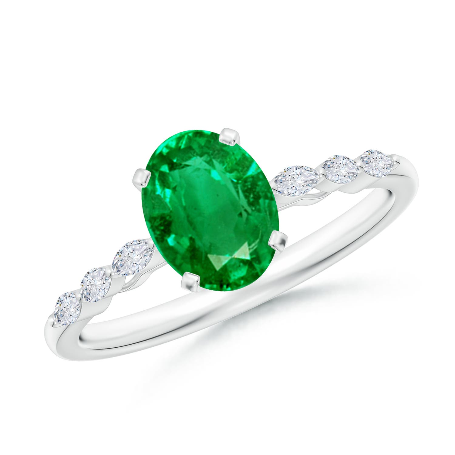 8x6mm AAA Oval Emerald Engagement Ring with Marquise Diamonds in White Gold