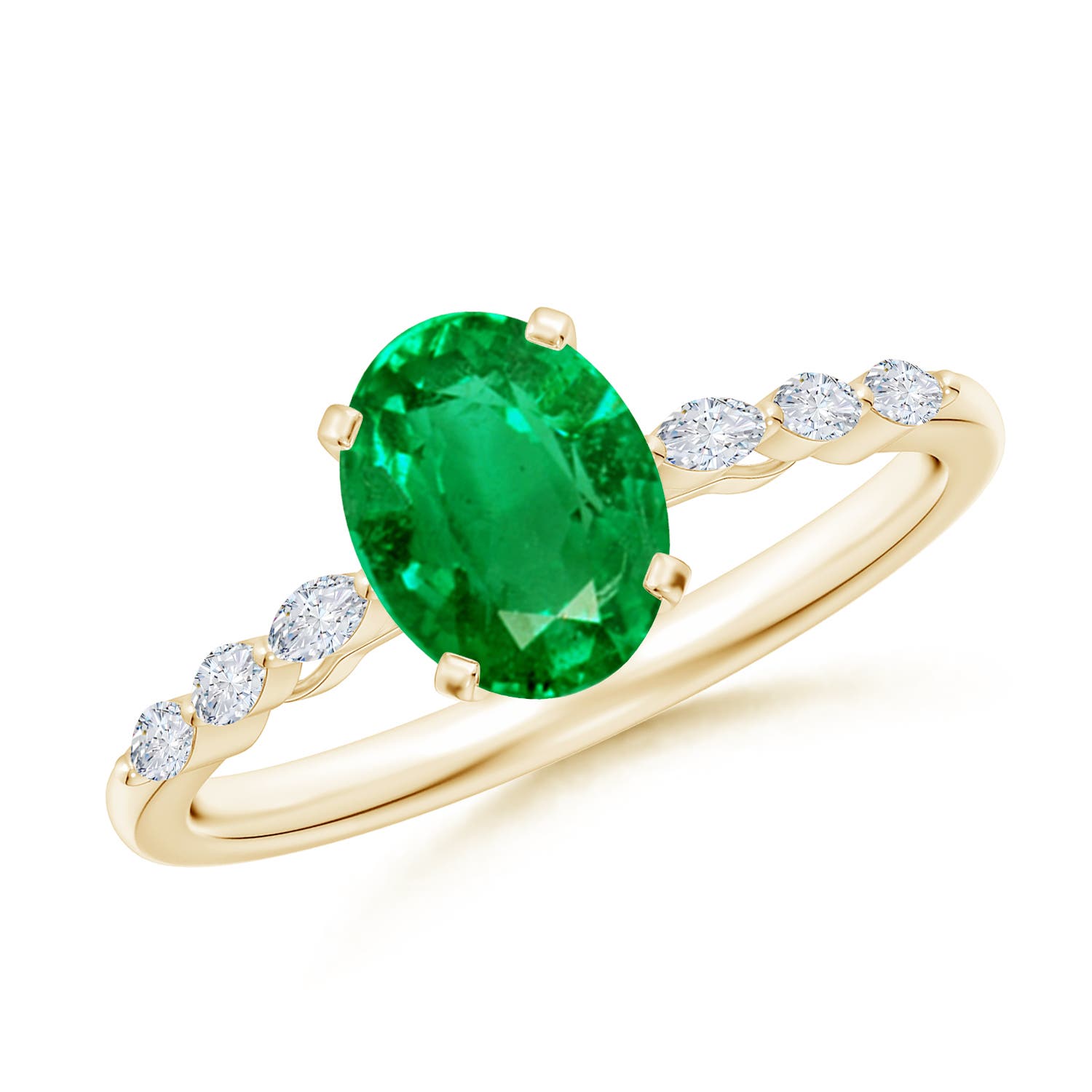 8x6mm AAA Oval Emerald Engagement Ring with Marquise Diamonds in Yellow Gold