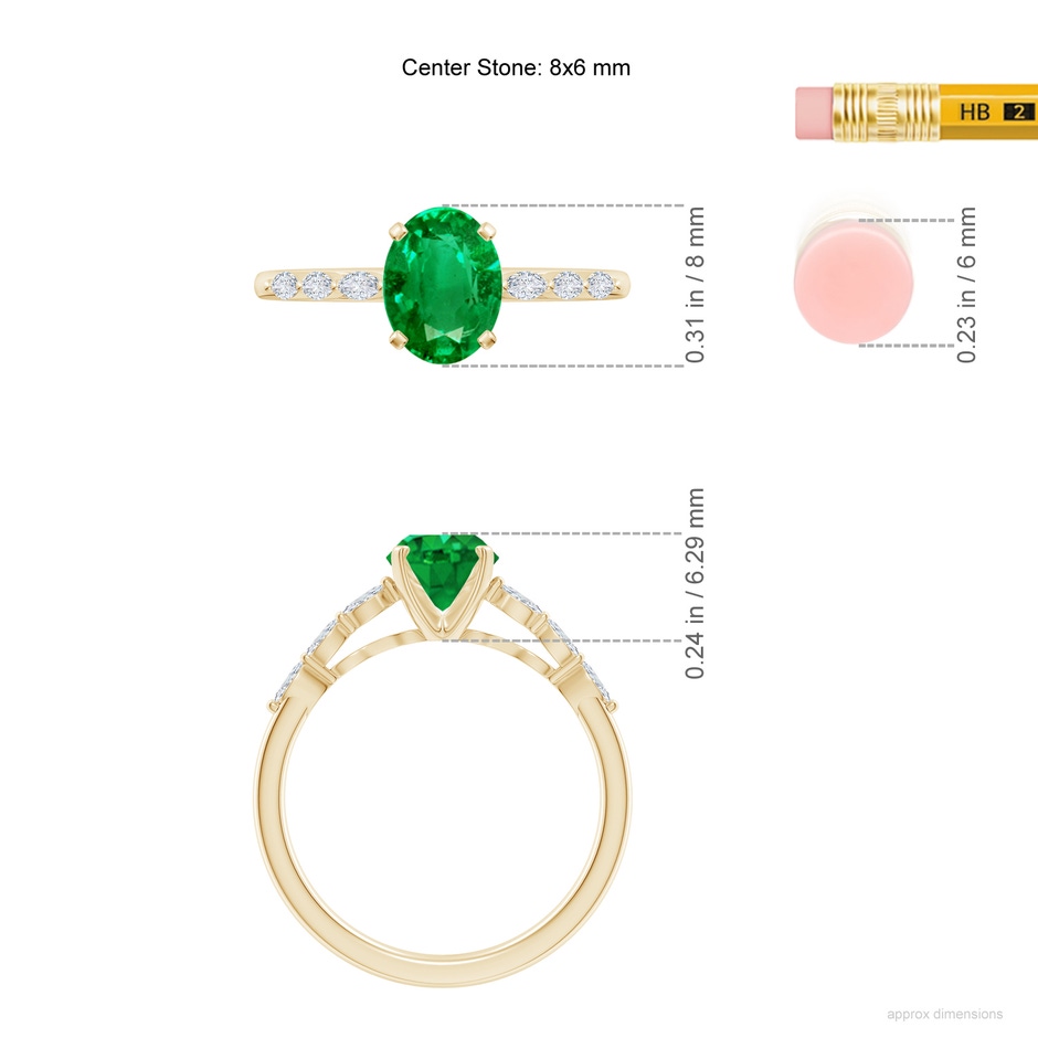 8x6mm AAA Oval Emerald Engagement Ring with Marquise Diamonds in Yellow Gold ruler