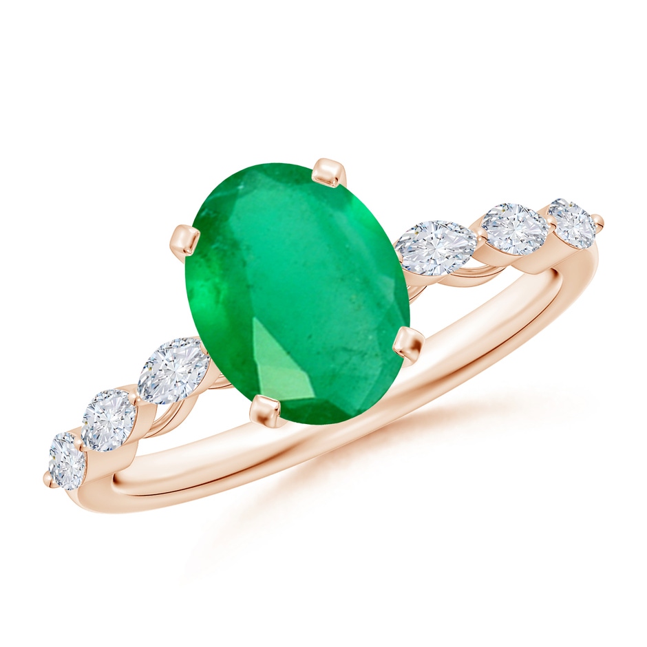 9x7mm A Oval Emerald Engagement Ring with Marquise Diamonds in Rose Gold 