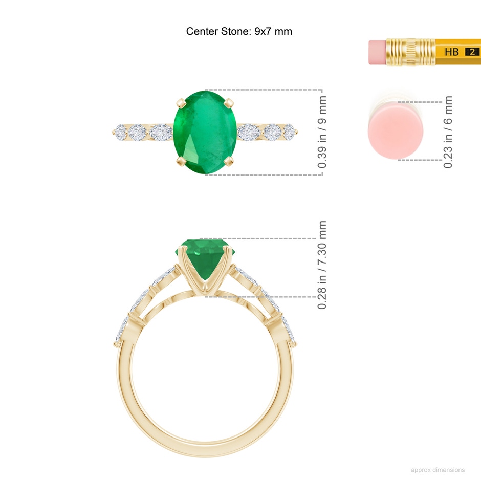 9x7mm A Oval Emerald Engagement Ring with Marquise Diamonds in Yellow Gold ruler