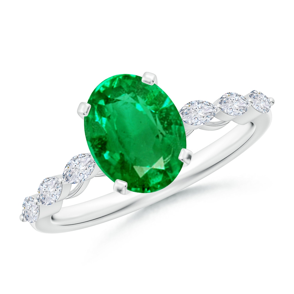 9x7mm AAA Oval Emerald Engagement Ring with Marquise Diamonds in White Gold