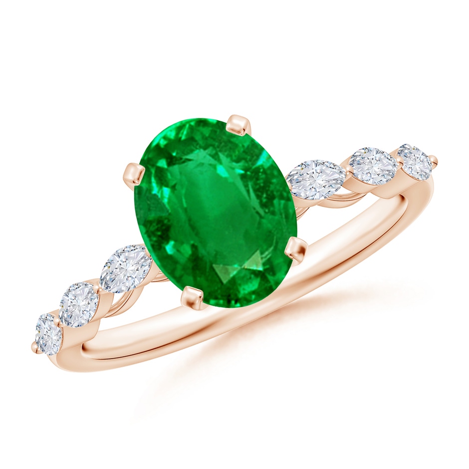 9x7mm AAAA Oval Emerald Engagement Ring with Marquise Diamonds in 18K Rose Gold 