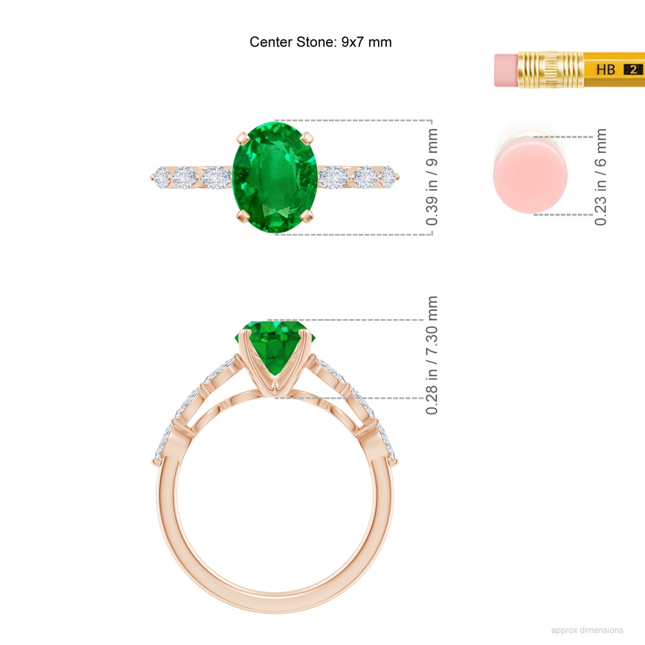 9x7mm AAAA Oval Emerald Engagement Ring with Marquise Diamonds in 18K Rose Gold ruler