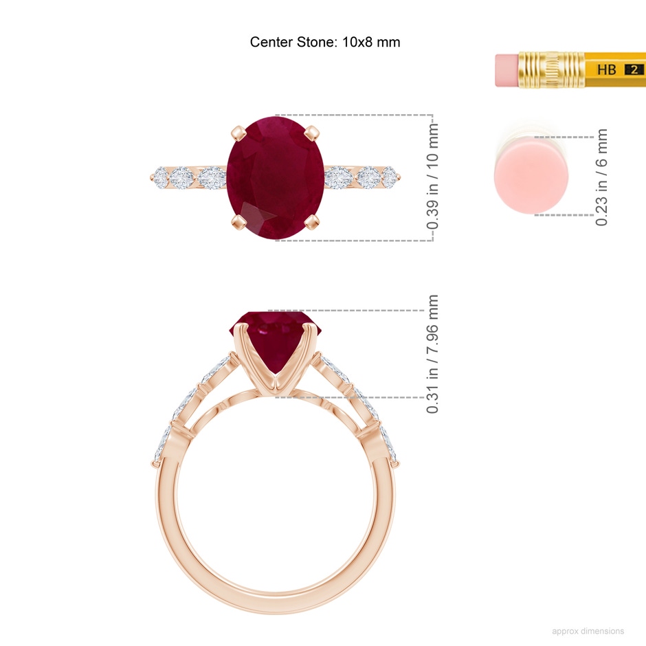 10x8mm A Oval Ruby Engagement Ring with Marquise Diamonds in Rose Gold ruler