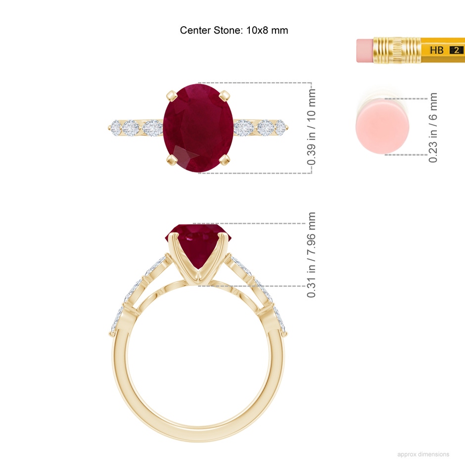 10x8mm A Oval Ruby Engagement Ring with Marquise Diamonds in Yellow Gold ruler