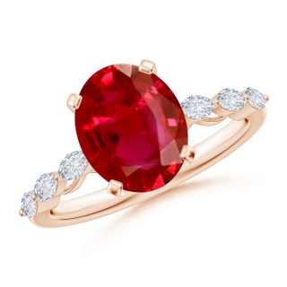 10x8mm AAA Oval Ruby Engagement Ring with Marquise Diamonds in Rose Gold