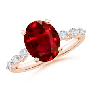 10x8mm AAAA Oval Ruby Engagement Ring with Marquise Diamonds in 10K Rose Gold