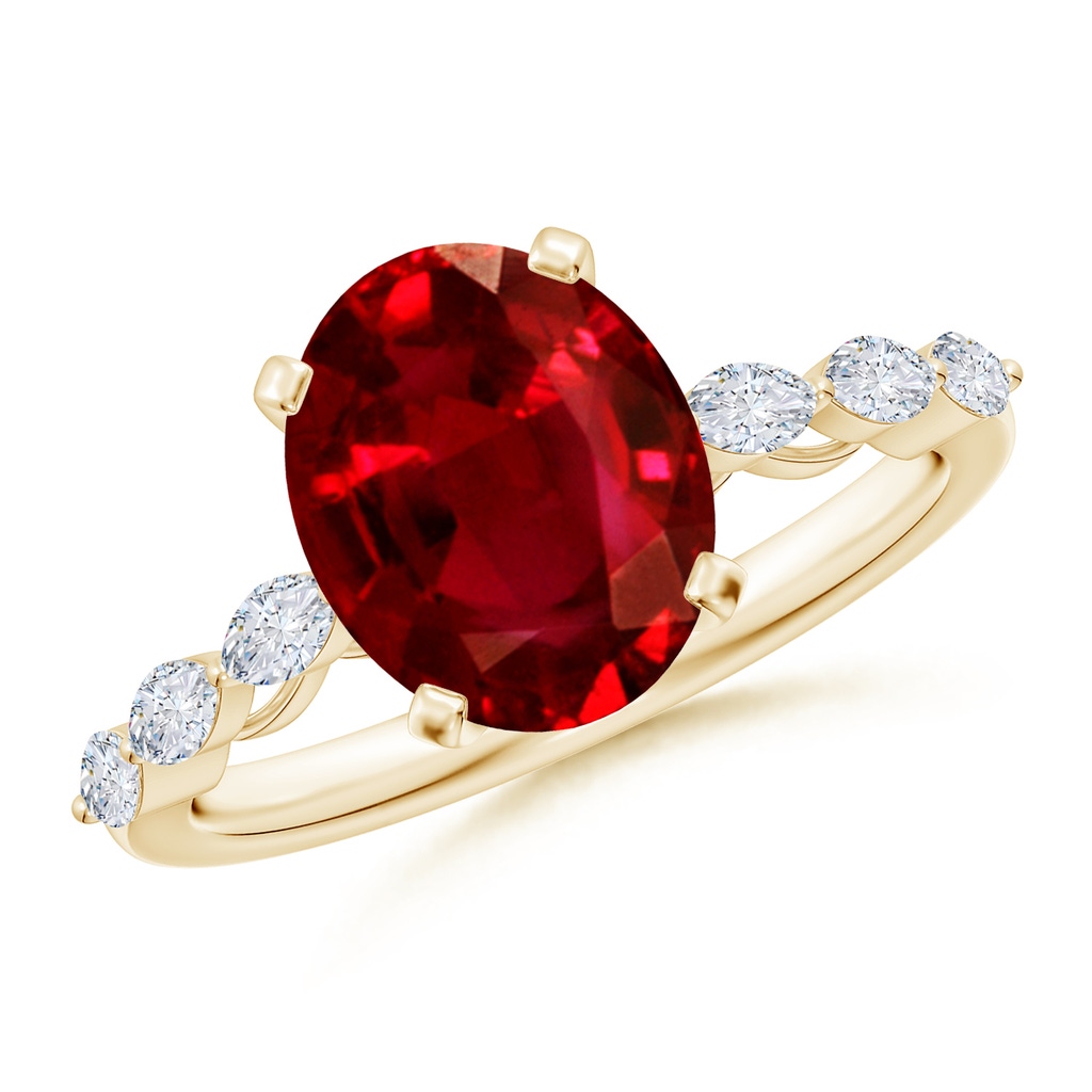 10x8mm AAAA Oval Ruby Engagement Ring with Marquise Diamonds in Yellow Gold