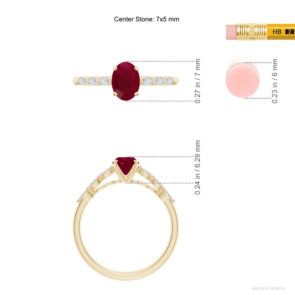 7x5mm A Oval Ruby Engagement Ring with Marquise Diamonds in 18K Yellow Gold ruler