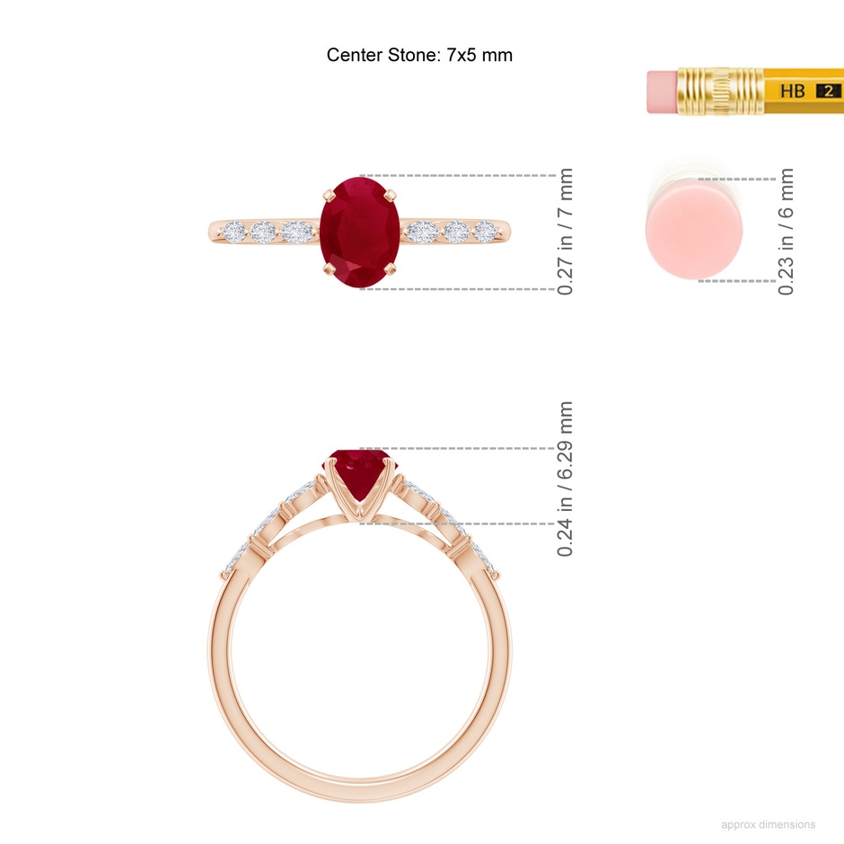 7x5mm AA Oval Ruby Engagement Ring with Marquise Diamonds in Rose Gold ruler