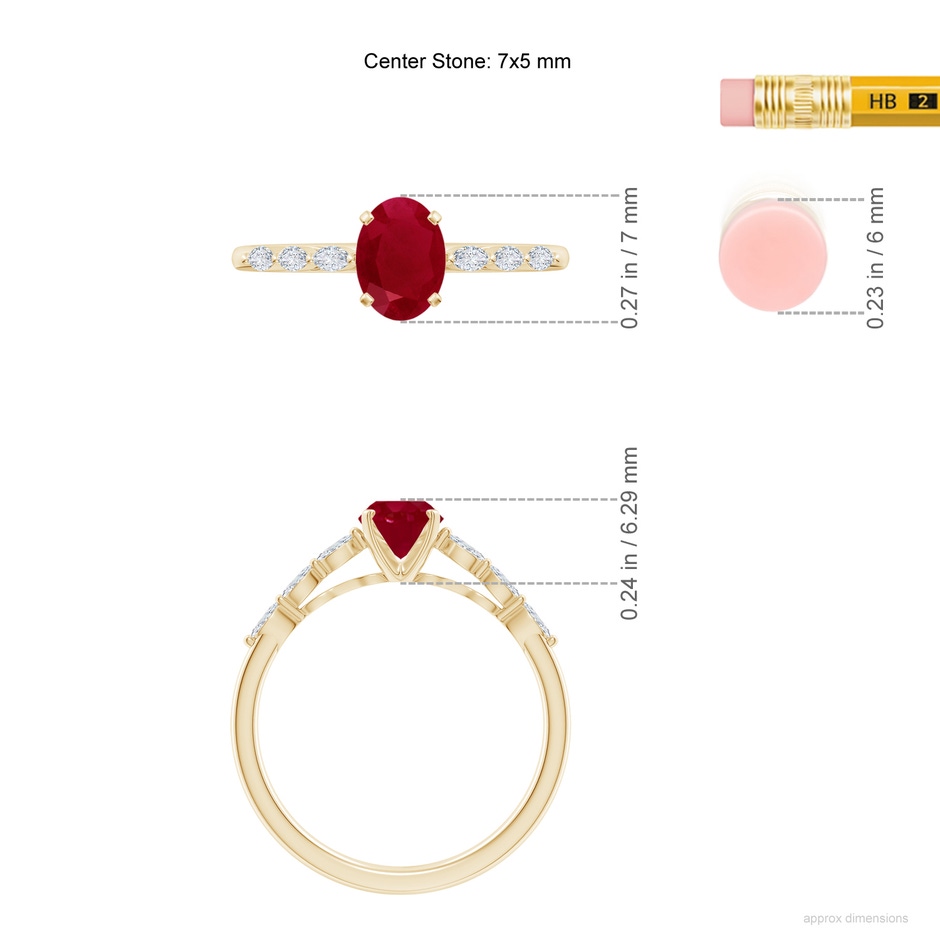7x5mm AA Oval Ruby Engagement Ring with Marquise Diamonds in Yellow Gold ruler