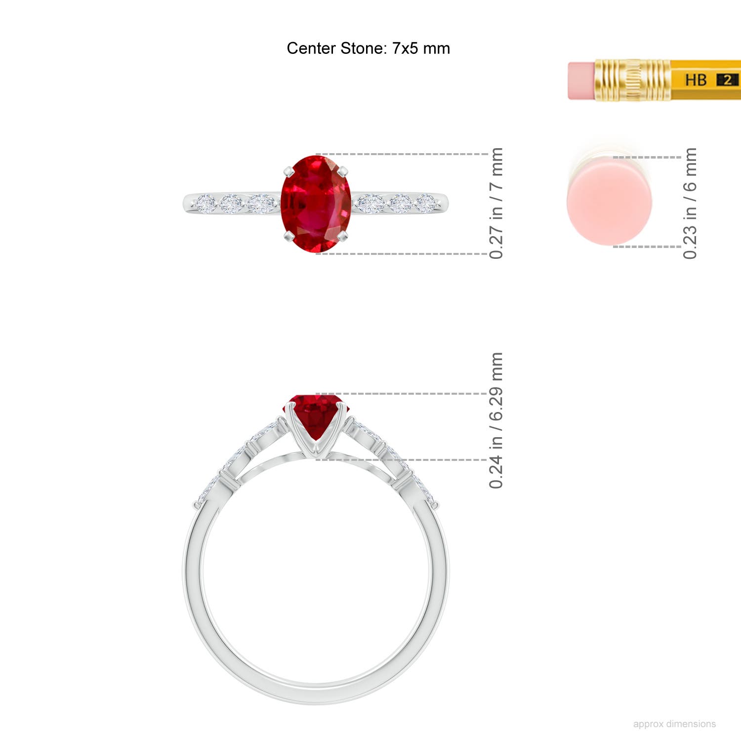 7x5mm AAA Oval Ruby Engagement Ring with Marquise Diamonds in 18CT White Gold - ruler