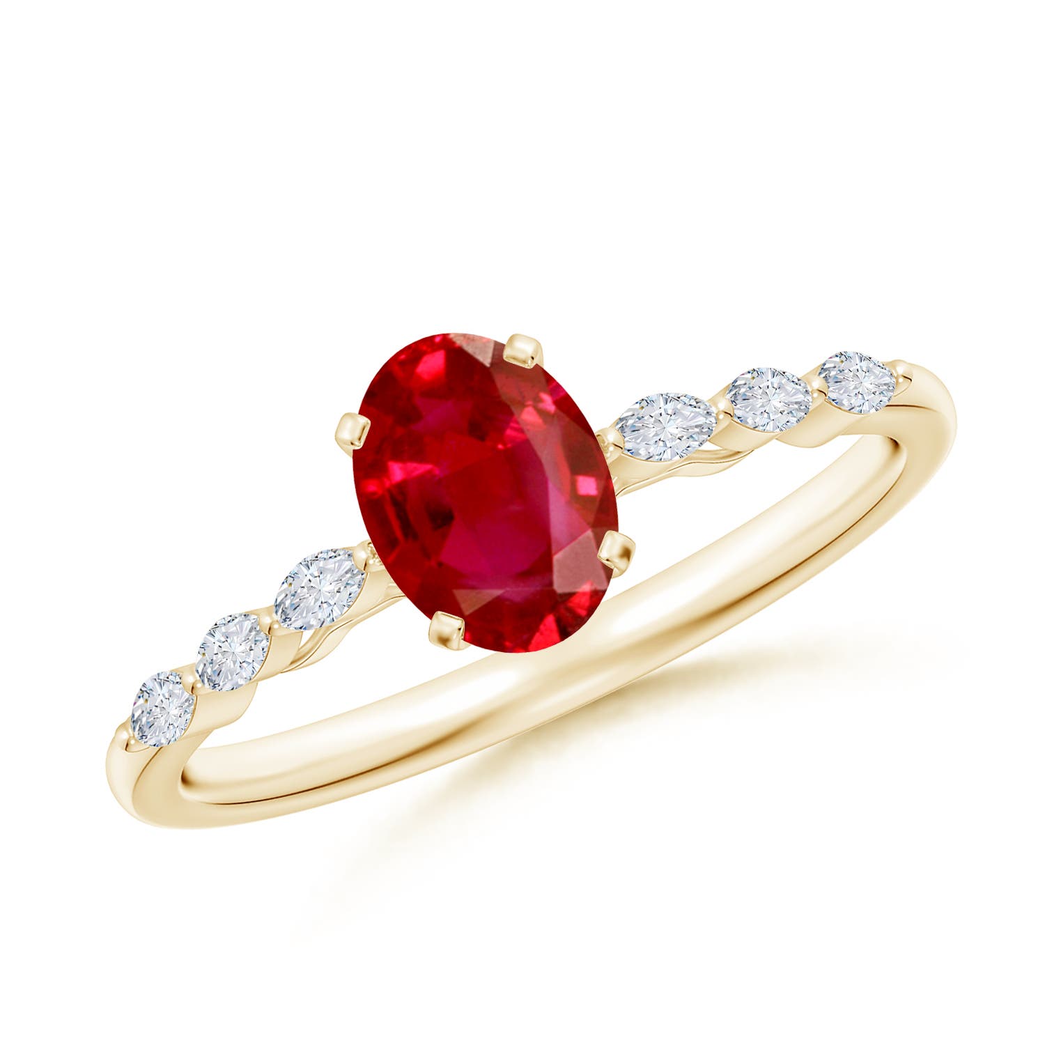 7x5mm AAA Oval Ruby Engagement Ring with Marquise Diamonds in 18K Yellow Gold