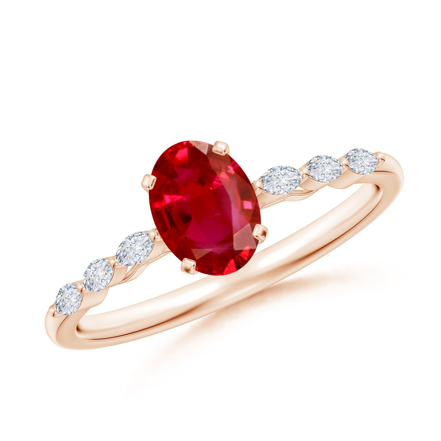 7x5mm AAA Oval Ruby Engagement Ring with Marquise Diamonds in Rose Gold