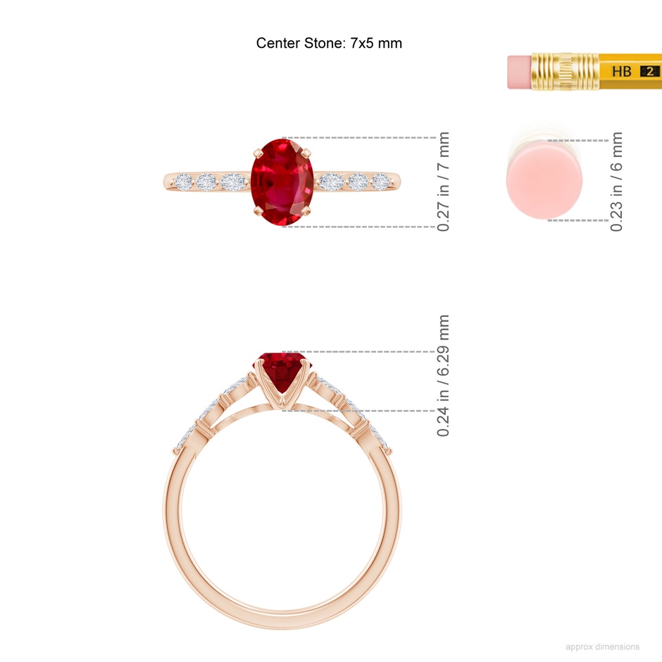 7x5mm AAA Oval Ruby Engagement Ring with Marquise Diamonds in Rose Gold ruler