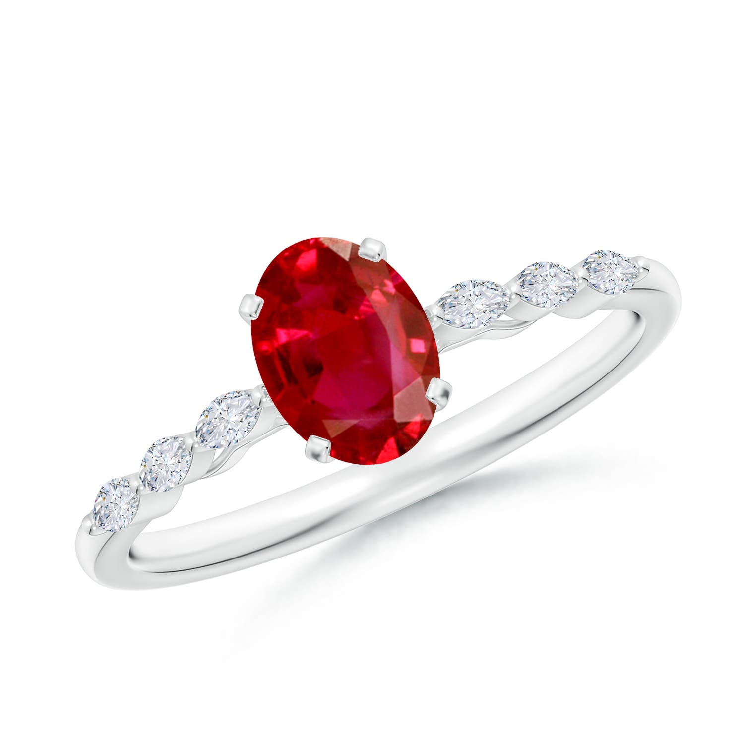 7x5mm AAA Oval Ruby Engagement Ring with Marquise Diamonds in White Gold