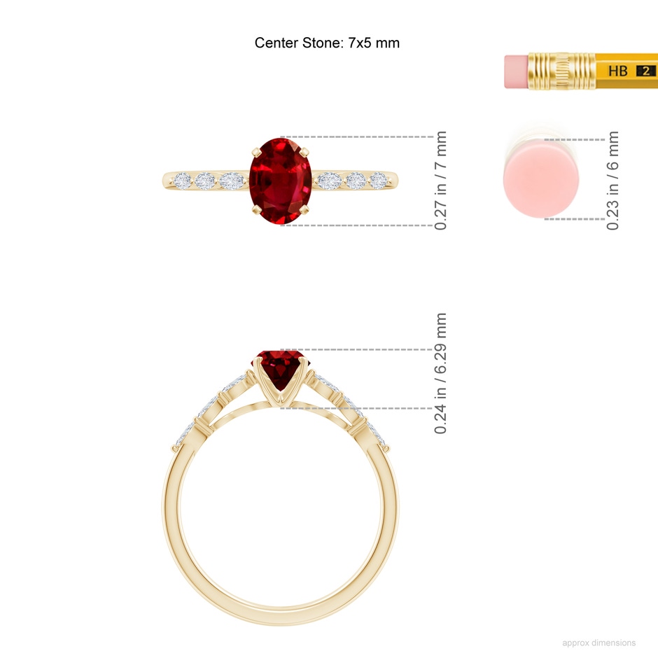 7x5mm AAAA Oval Ruby Engagement Ring with Marquise Diamonds in Yellow Gold ruler