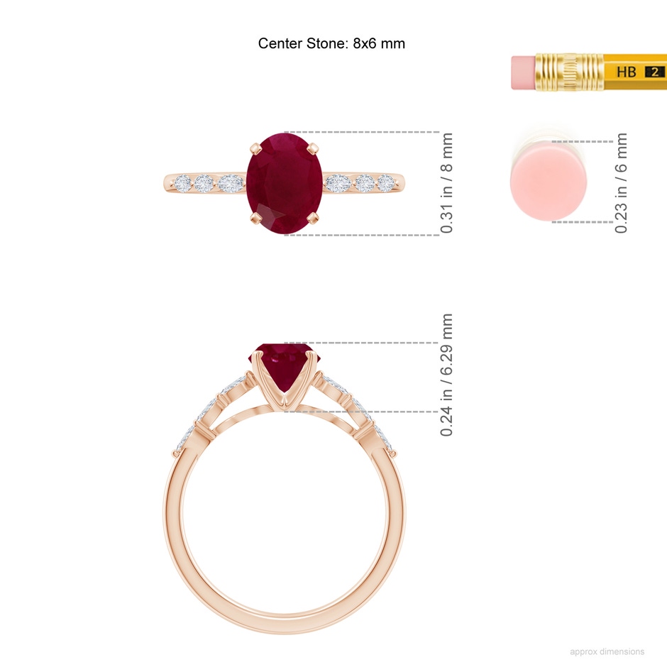 8x6mm A Oval Ruby Engagement Ring with Marquise Diamonds in Rose Gold ruler