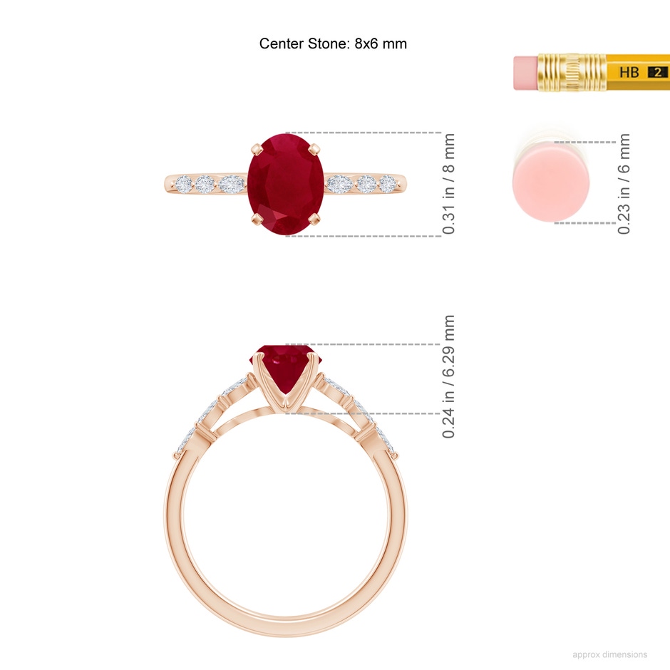8x6mm AA Oval Ruby Engagement Ring with Marquise Diamonds in Rose Gold ruler