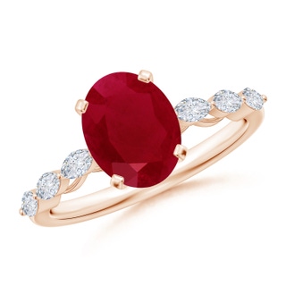 9x7mm AA Oval Ruby Engagement Ring with Marquise Diamonds in 18K Rose Gold