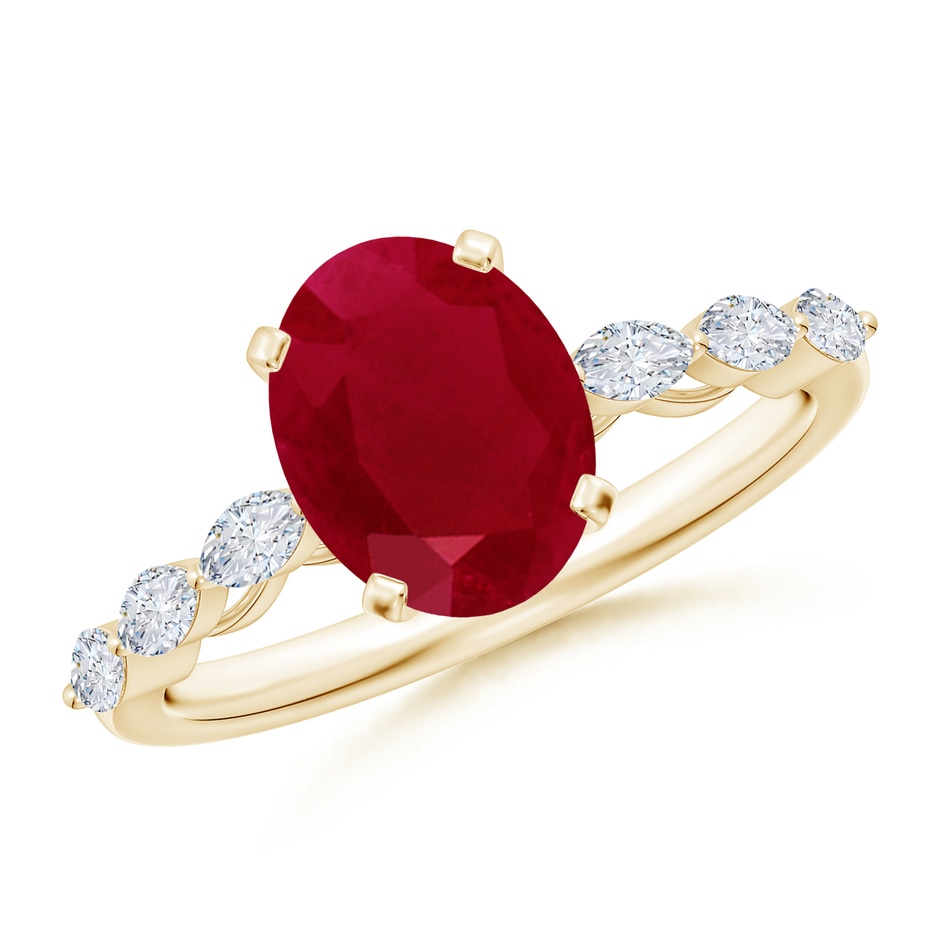 9x7mm AA Oval Ruby Engagement Ring with Marquise Diamonds in Yellow Gold 