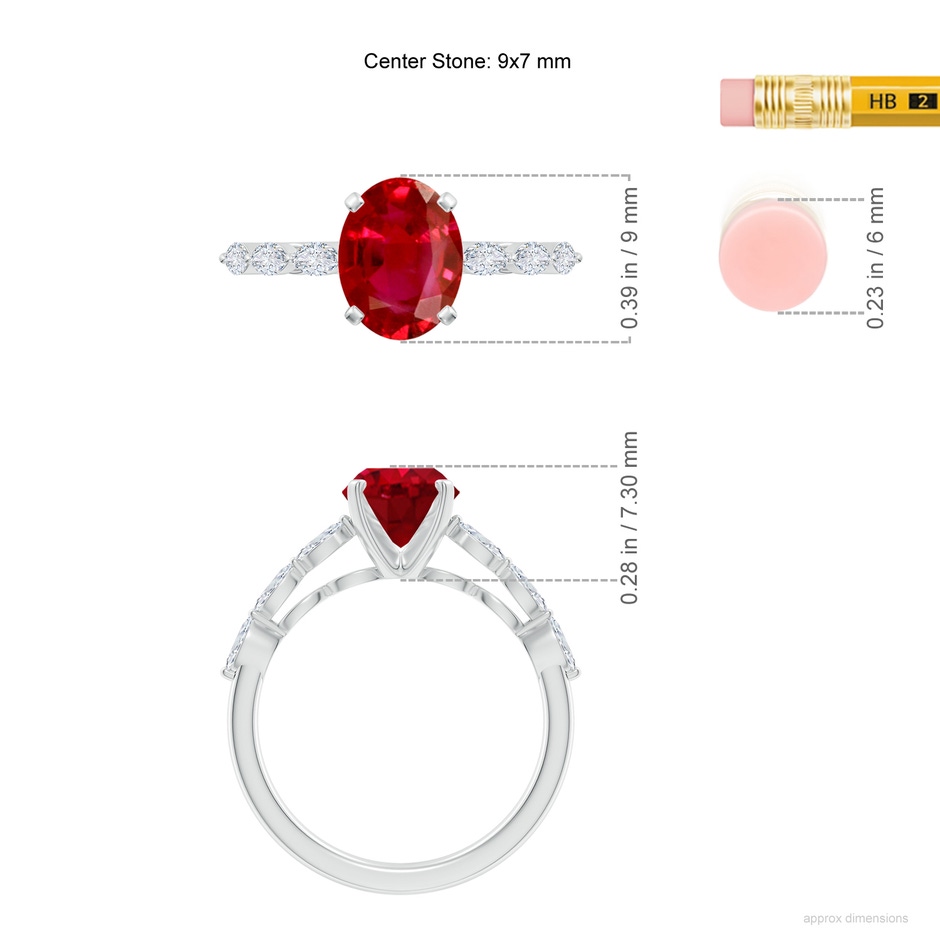 9x7mm AAA Oval Ruby Engagement Ring with Marquise Diamonds in White Gold ruler