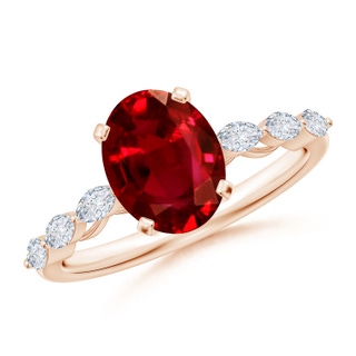 9x7mm AAAA Oval Ruby Engagement Ring with Marquise Diamonds in Rose Gold