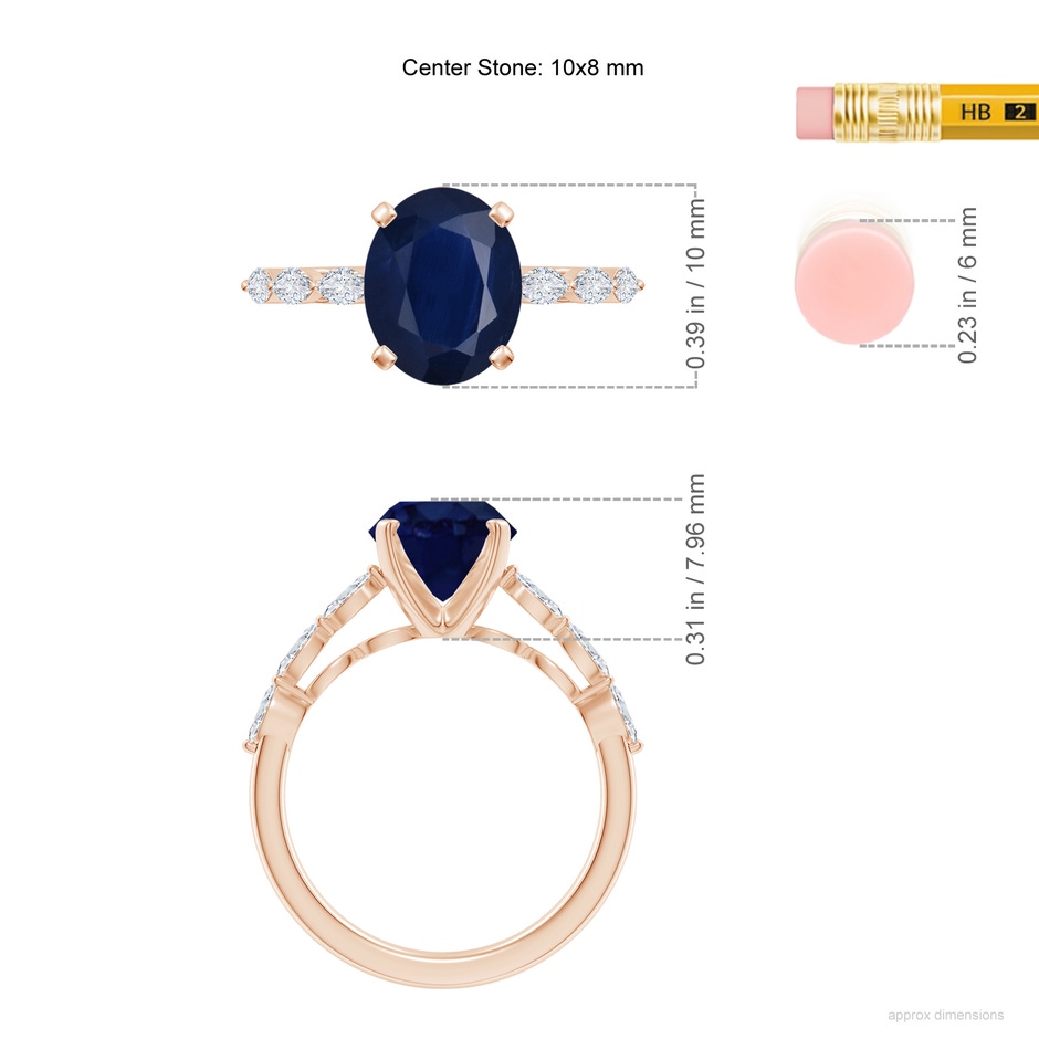 10x8mm A Oval Blue Sapphire Engagement Ring with Marquise Diamonds in 18K Rose Gold ruler