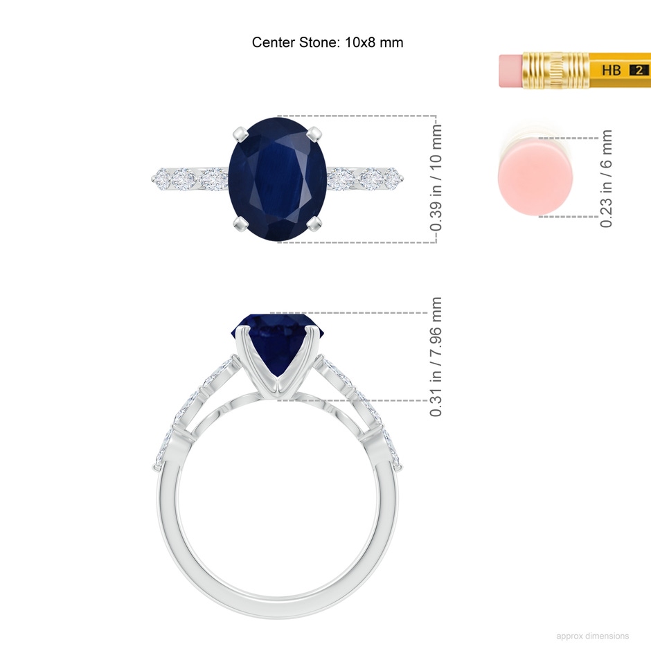 10x8mm A Oval Blue Sapphire Engagement Ring with Marquise Diamonds in White Gold ruler