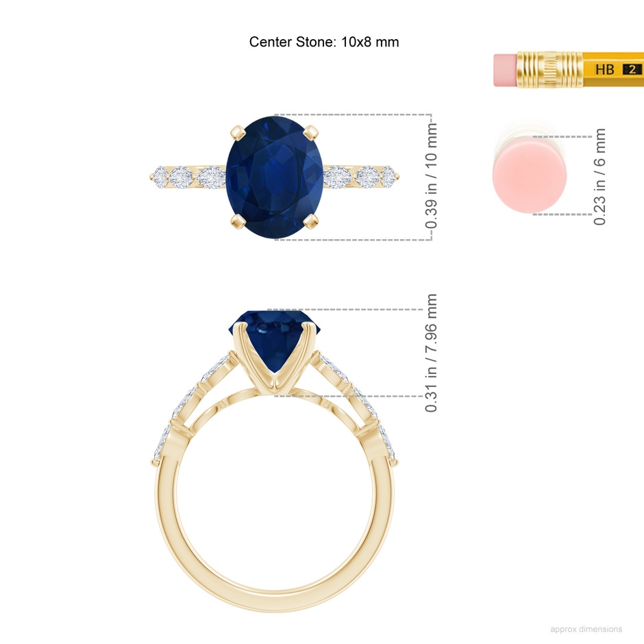 10x8mm AA Oval Blue Sapphire Engagement Ring with Marquise Diamonds in Yellow Gold ruler