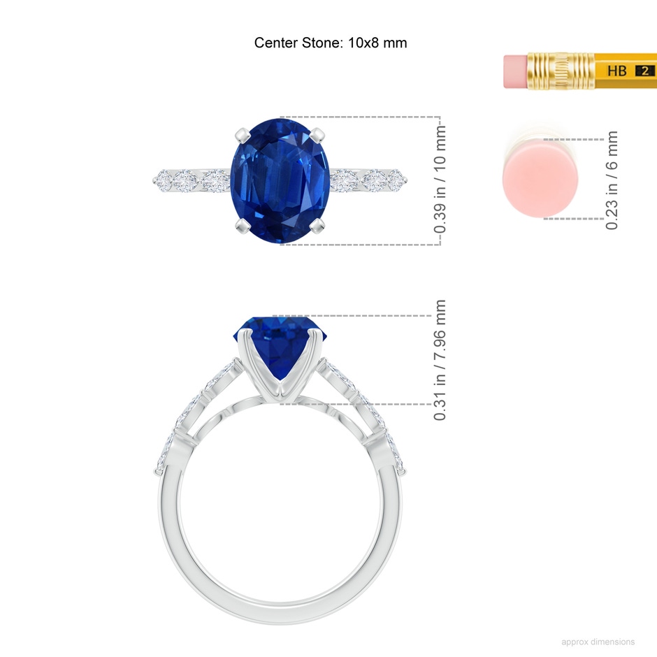 10x8mm AAA Oval Blue Sapphire Engagement Ring with Marquise Diamonds in White Gold ruler