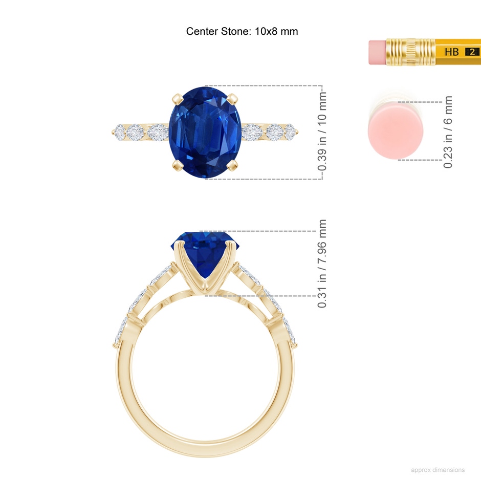 10x8mm AAA Oval Blue Sapphire Engagement Ring with Marquise Diamonds in Yellow Gold ruler