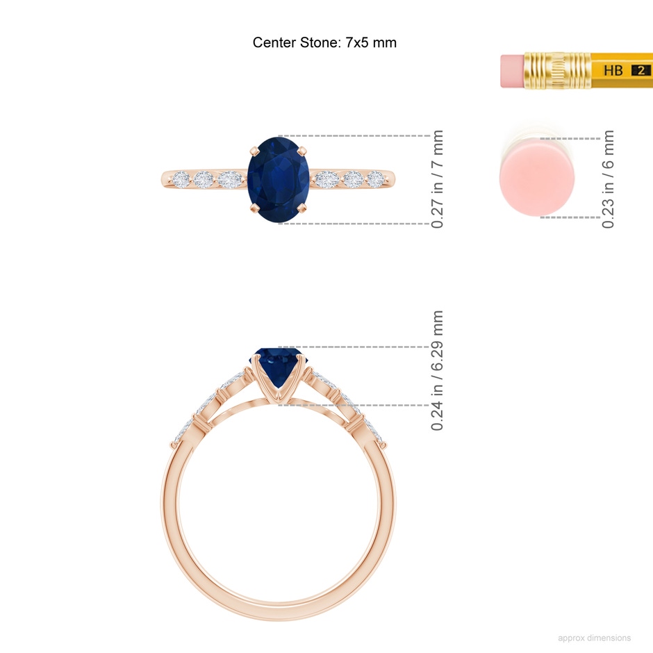 7x5mm AA Oval Blue Sapphire Engagement Ring with Marquise Diamonds in Rose Gold ruler
