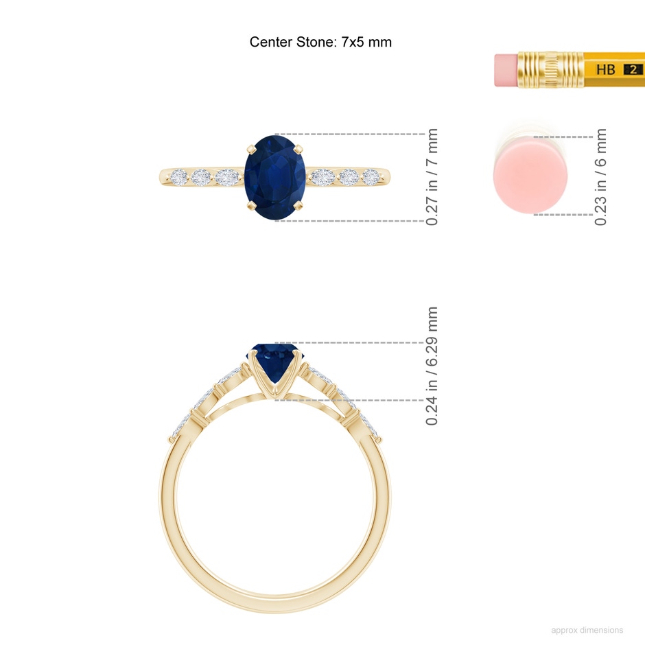 7x5mm AA Oval Blue Sapphire Engagement Ring with Marquise Diamonds in Yellow Gold ruler