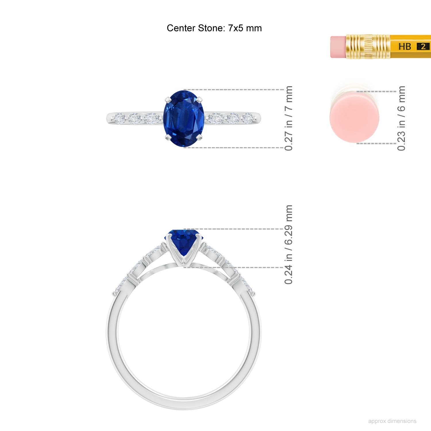 7x5mm AAA Oval Blue Sapphire Engagement Ring with Marquise Diamonds in P950 Platinum - ruler