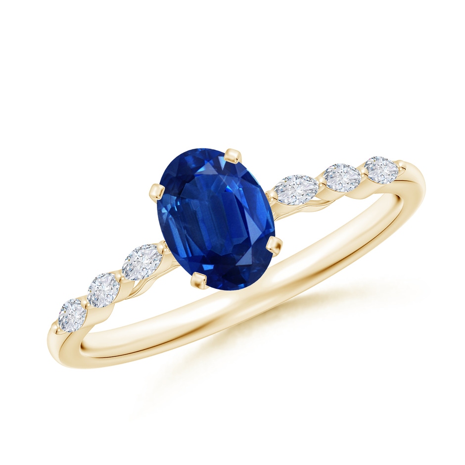 7x5mm AAA Oval Blue Sapphire Engagement Ring with Marquise Diamonds in Yellow Gold 