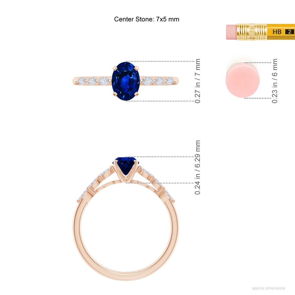 7x5mm AAAA Oval Blue Sapphire Engagement Ring with Marquise Diamonds in Rose Gold ruler