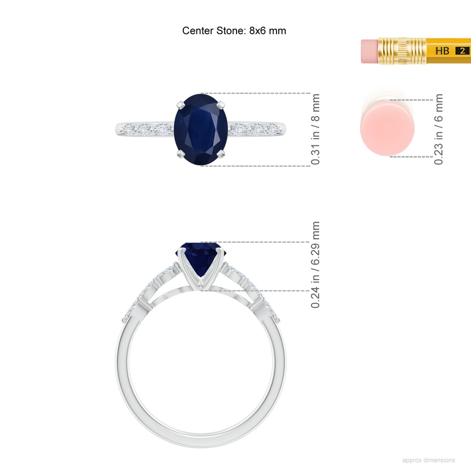 8x6mm A Oval Blue Sapphire Engagement Ring with Marquise Diamonds in White Gold ruler