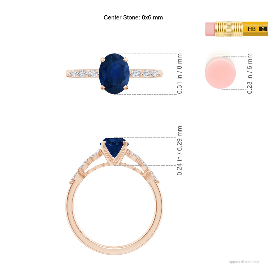 8x6mm AA Oval Blue Sapphire Engagement Ring with Marquise Diamonds in Rose Gold ruler