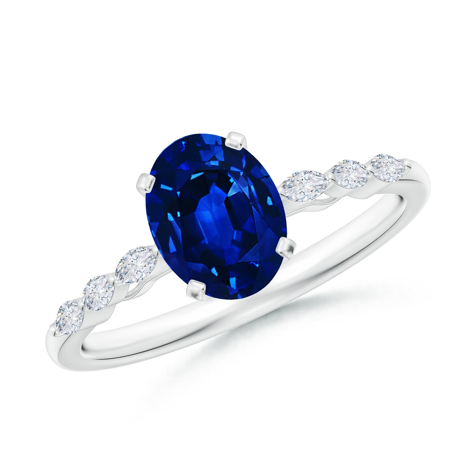 8x6mm AAAA Oval Blue Sapphire Engagement Ring with Marquise Diamonds in White Gold
