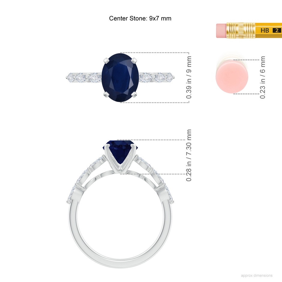 9x7mm A Oval Blue Sapphire Engagement Ring with Marquise Diamonds in White Gold ruler