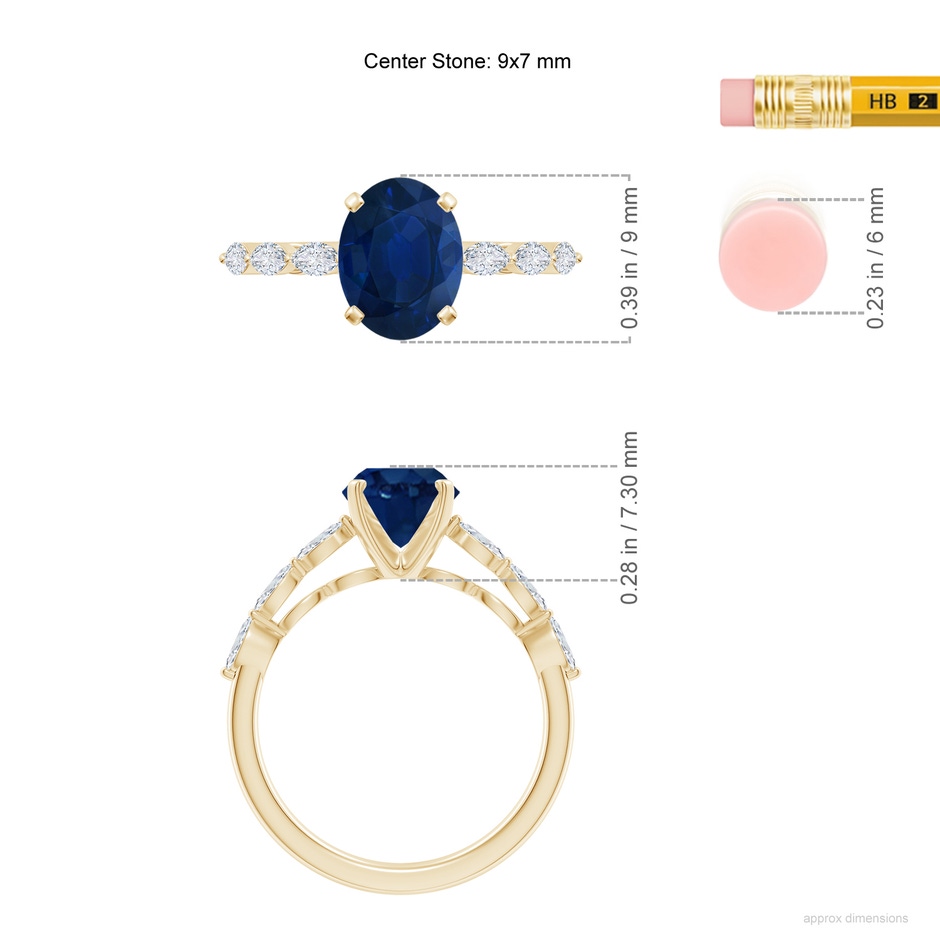 9x7mm AA Oval Blue Sapphire Engagement Ring with Marquise Diamonds in Yellow Gold ruler