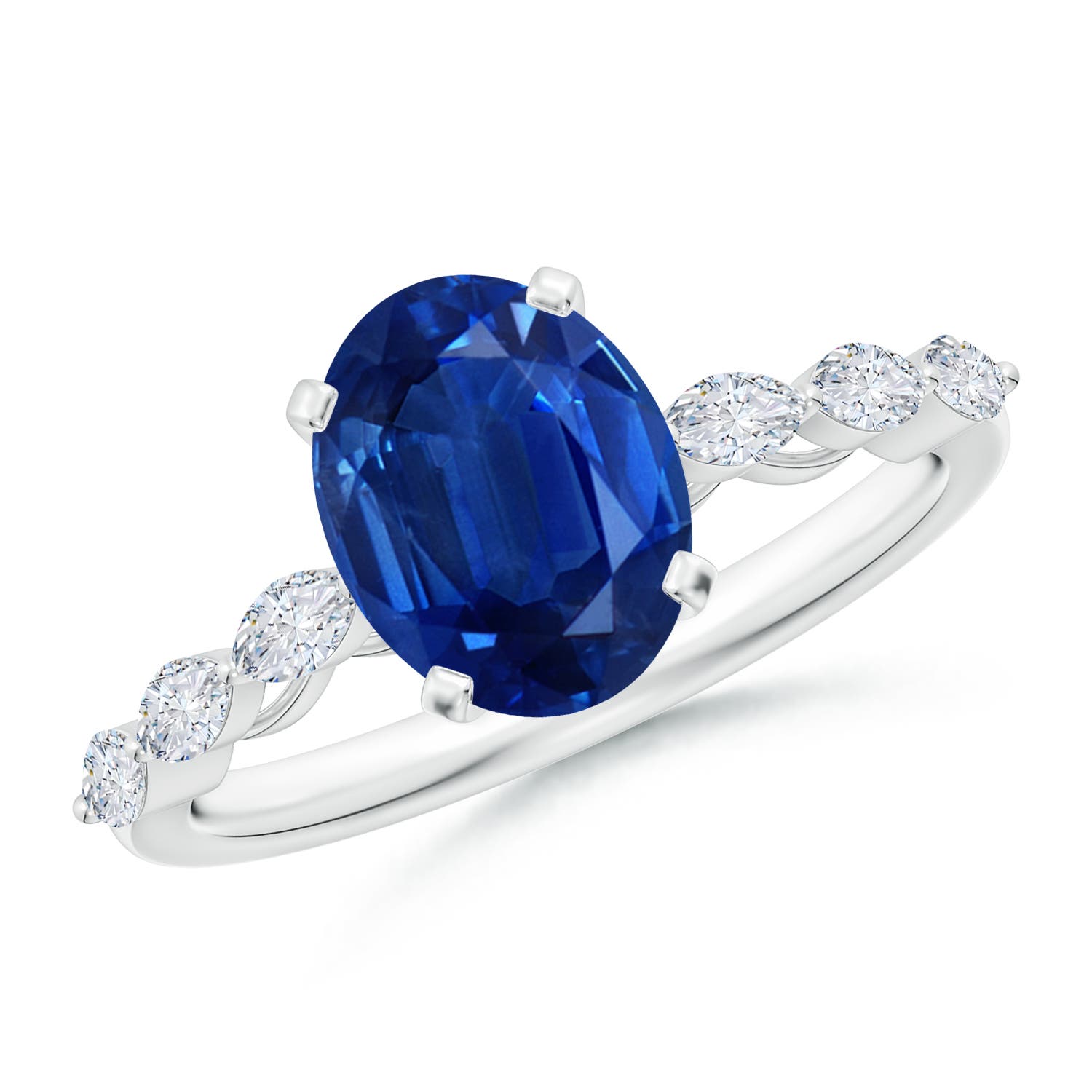 9x7mm AAA Oval Blue Sapphire Engagement Ring with Marquise Diamonds in 18CT White Gold