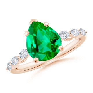 10x8mm AAA Pear Emerald Engagement Ring with Marquise Diamonds in 10K Rose Gold