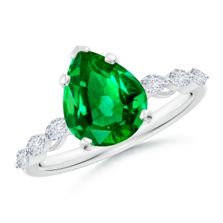 10x8mm AAAA Pear Emerald Engagement Ring with Marquise Diamonds in P950 Platinum